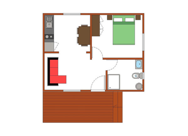 Maison mobile T1 de 33 m² – 1 chambre, style traditionnel avec terrasse bois – Image 2