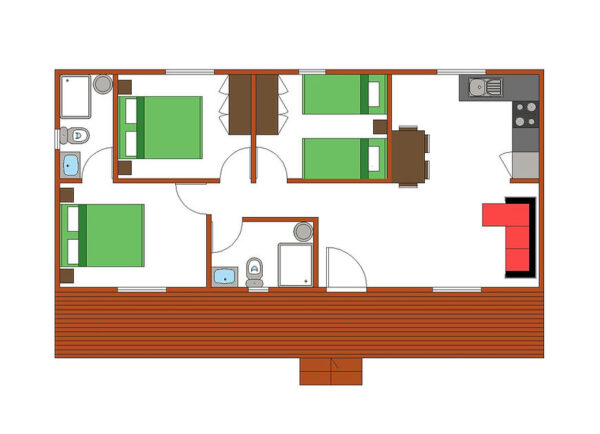Maison mobile T3 de 72 m² – 3 chambres, 2 salles de bain, style traditionnel avec terrasse bois – Image 2