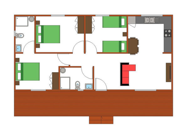 Maison mobile T3 de 100 m² – Style traditionnel avec 3 chambres, 2 salles de bain et terrasse bois – Image 2