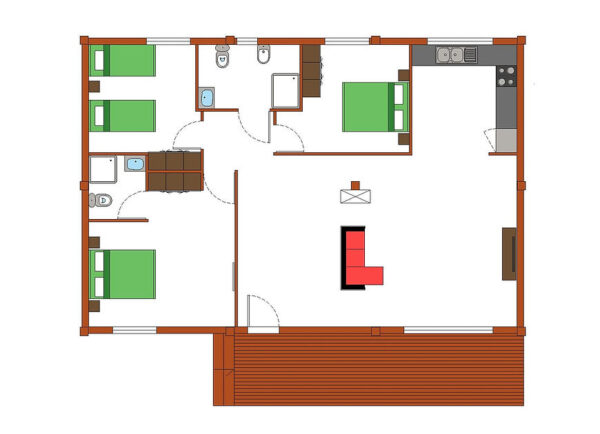 Maison modulaire T3 en bois – 125 m² – 3 chambres, 2 salles de bain, style rustique – Image 2