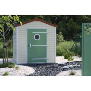 Abri de jardin DACRI ACACIA – 10,14 m² en PVC avec toit double pente, livré monté sur châssis mobile