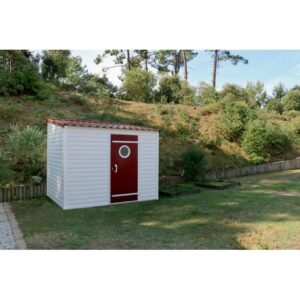 Abri de jardin DACRI AZARA – 8 m² en PVC, toit plat, livré monté sur châssis