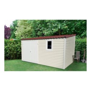 Abri de jardin DACRI COROKIA – 10 m² en PVC avec toit plat, livré monté sur châssis