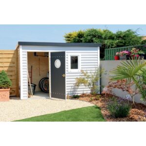 Abri de jardin DACRI IXORA – 5 m² en PVC avec toit plat, livré monté sur châssis métallique roulant