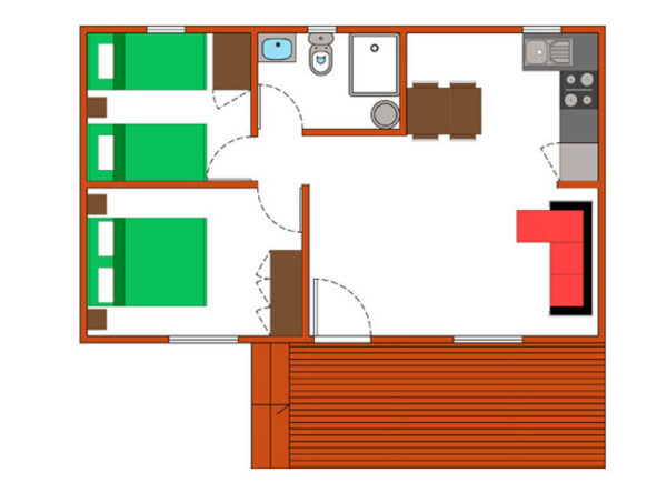 Maison mobile T2 de 54 m² – 2 chambres, style traditionnel avec terrasse bois – Image 2