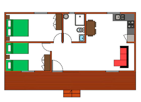 Maison mobile T2 de 72 m² – 2 chambres, style traditionnel avec terrasse bois – Image 2